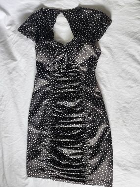 Vintage Guess Black and White Polka Dot Satin Ruched Dress
